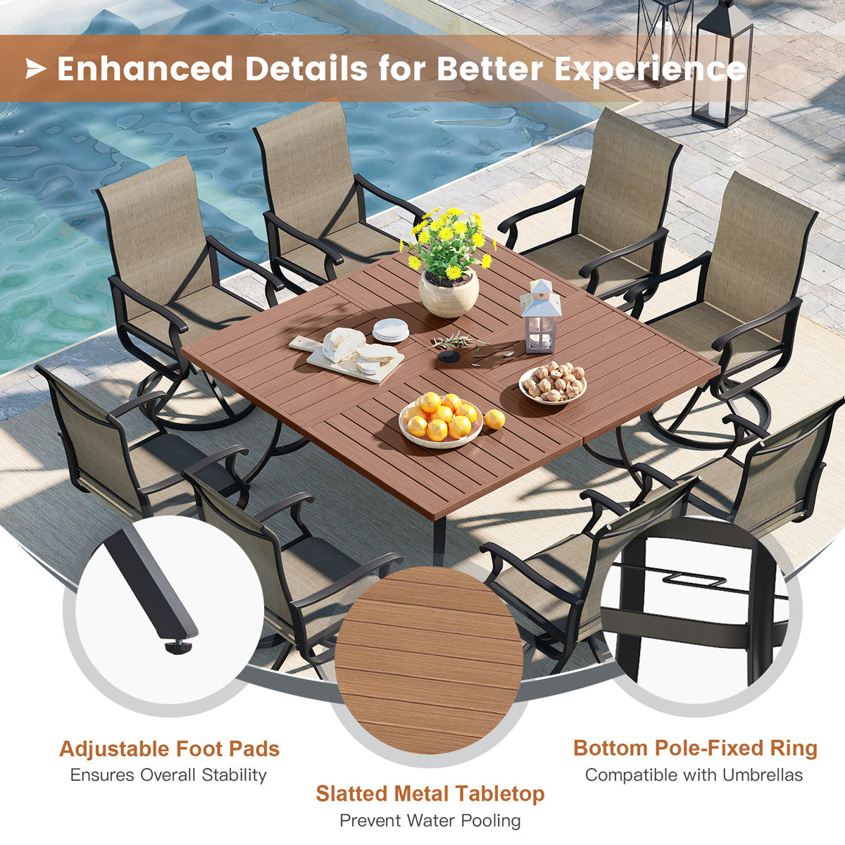 Vicllax Patio Dining Table Set for 8, Outdoor 59" Square Large Metal Table and Swivel Dining Chairs