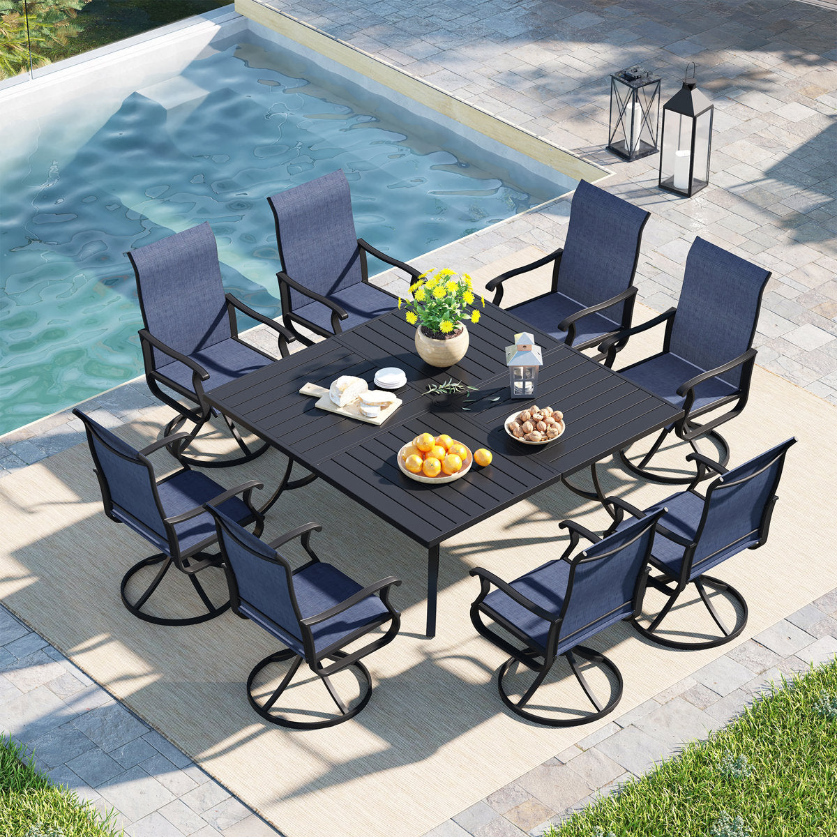 Vicllax Patio Dining Table Set for 8, Outdoor 59" Square Large Metal Table and Swivel Dining Chairs