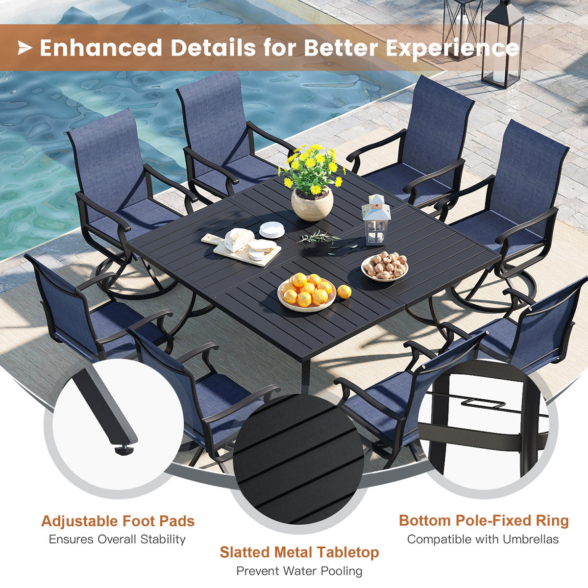 Vicllax Patio Dining Table Set for 8, Outdoor 59" Square Large Metal Table and Swivel Dining Chairs