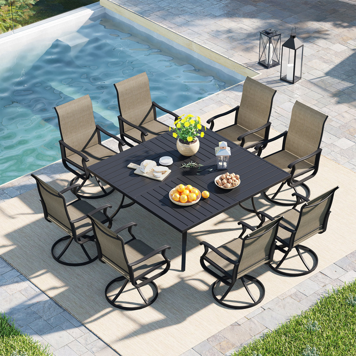 Vicllax Patio Dining Table Set for 8, Outdoor 59" Square Large Metal Table and Swivel Dining Chairs