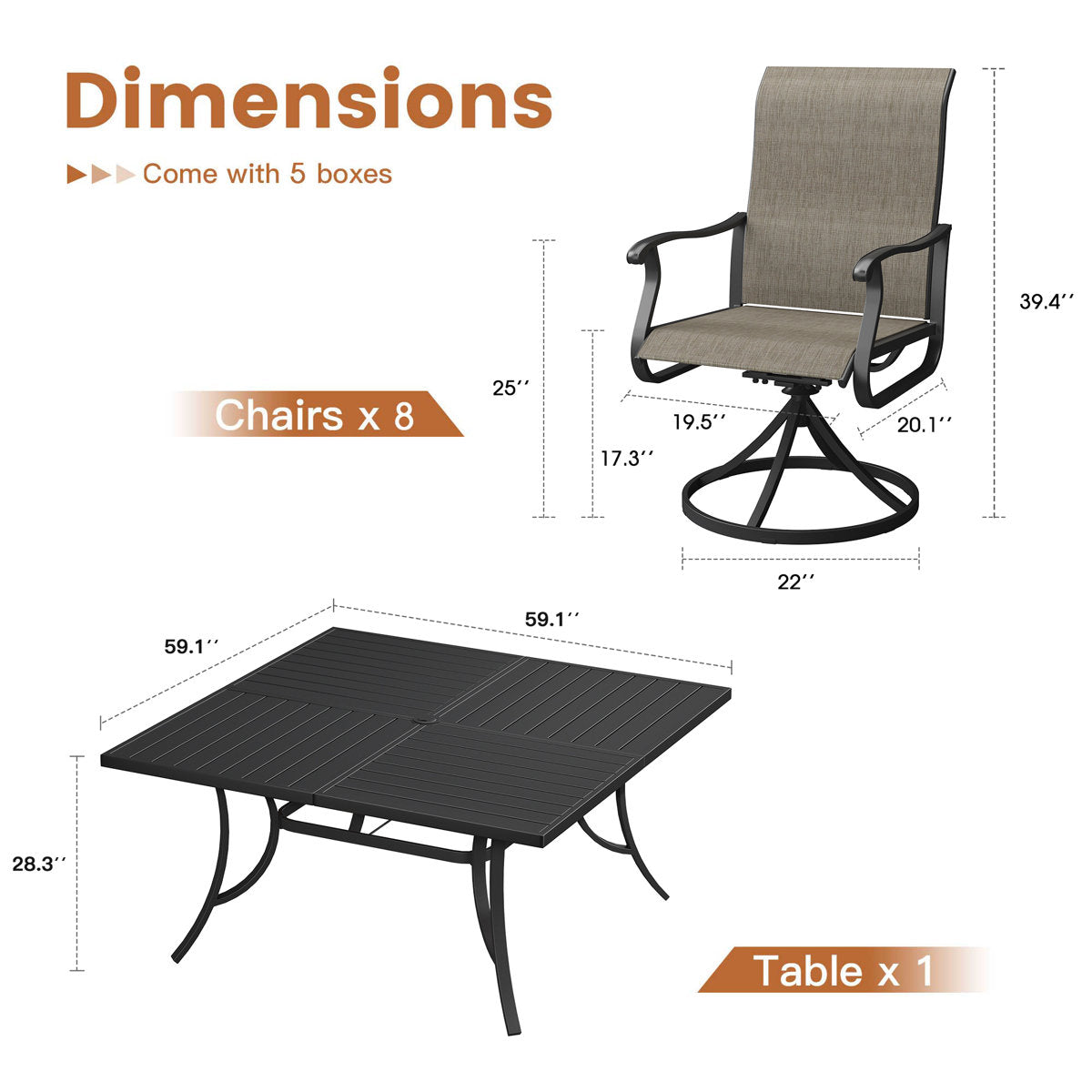 Vicllax Patio Dining Table Set for 8, Outdoor 59" Square Large Metal Table and Swivel Dining Chairs