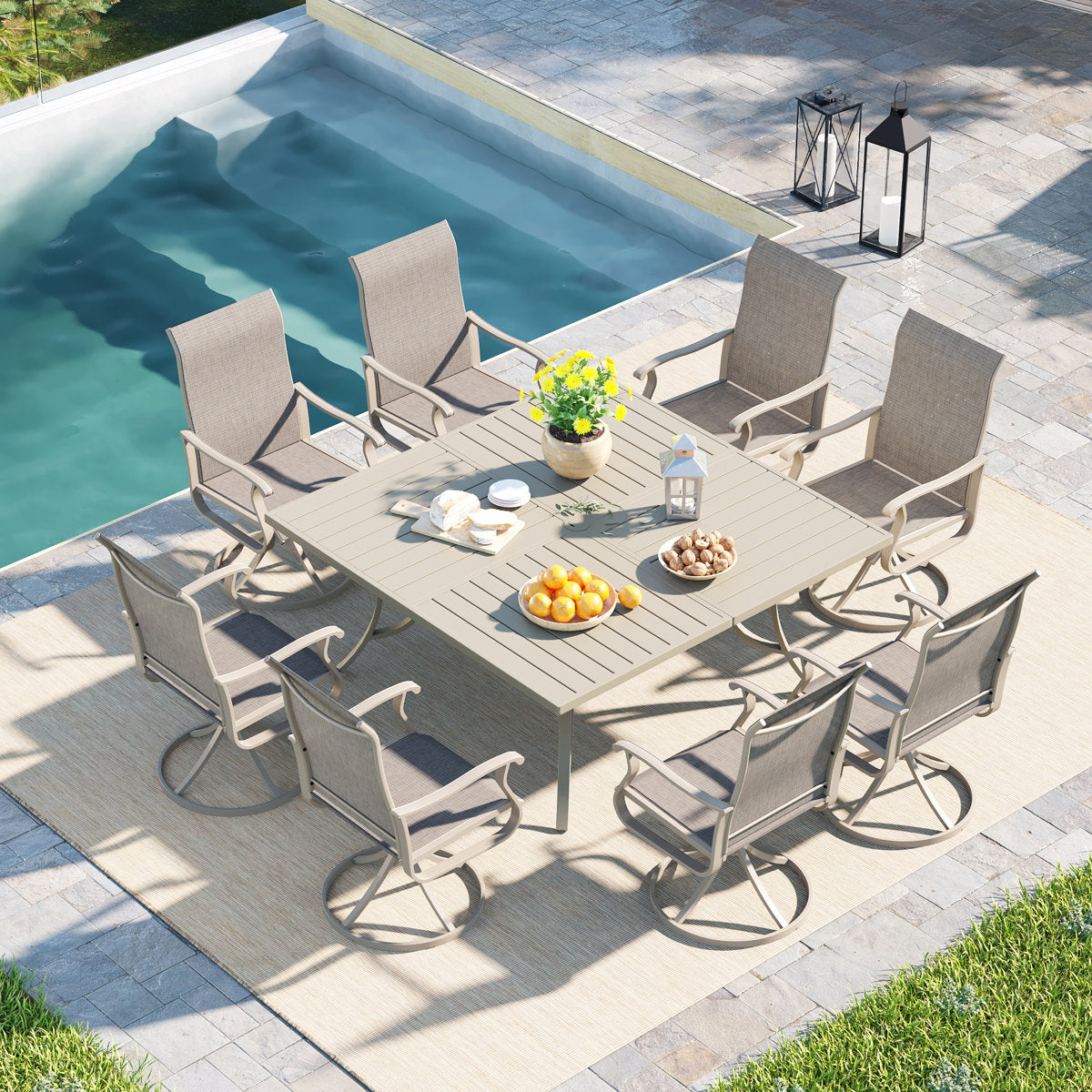 Vicllax Patio Dining Table Set for 8, Outdoor 59" Square Large Metal Table and Swivel Dining Chairs