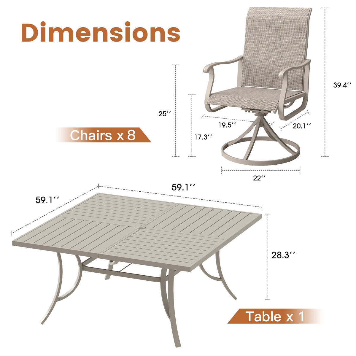 Vicllax Patio Dining Table Set for 8, Outdoor 59" Square Large Metal Table and Swivel Dining Chairs