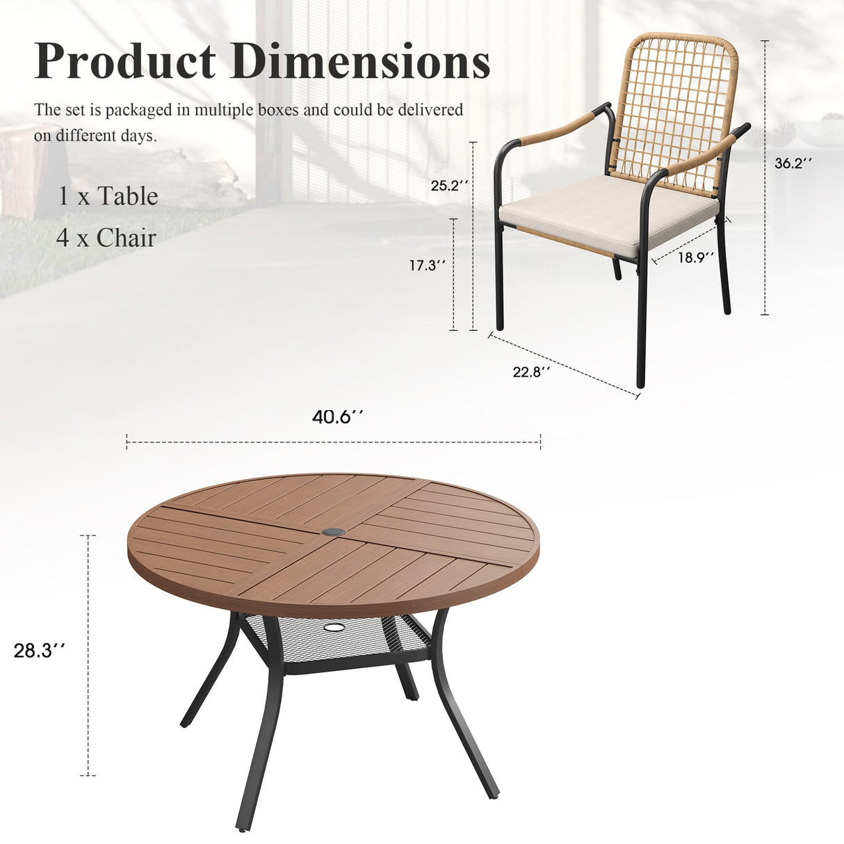 Vicllax 5 PCS Patio Dining Table Set, 41" Round Metal Table with Shelf and Solana Stackable Chair