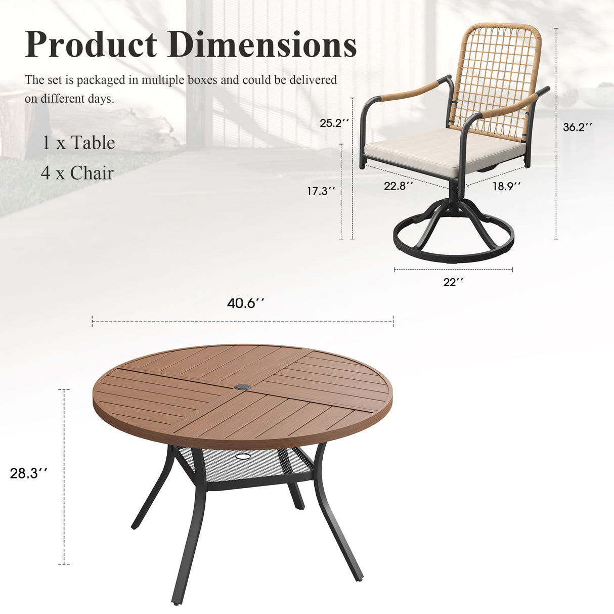 VICLLAX 5-Piece Outdoor Dining Set, 41” Round Metal Table with Umbrella Hole & Solana Swivel Chair