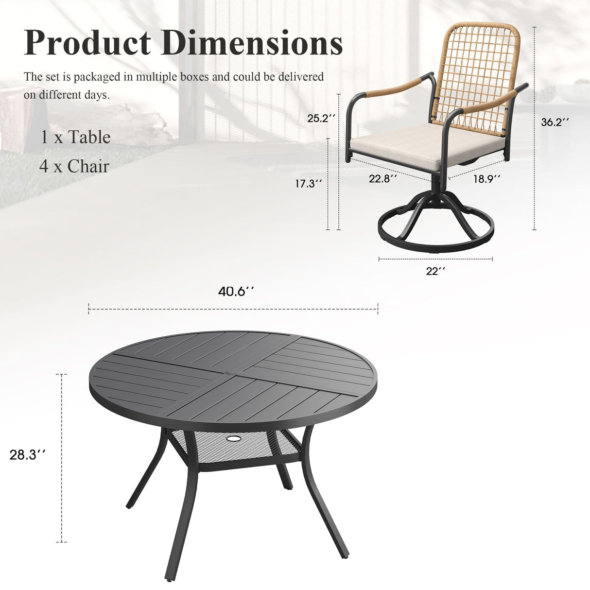 VICLLAX 5-Piece Outdoor Dining Set, 41” Round Metal Table with Umbrella Hole & Solana Swivel Chair
