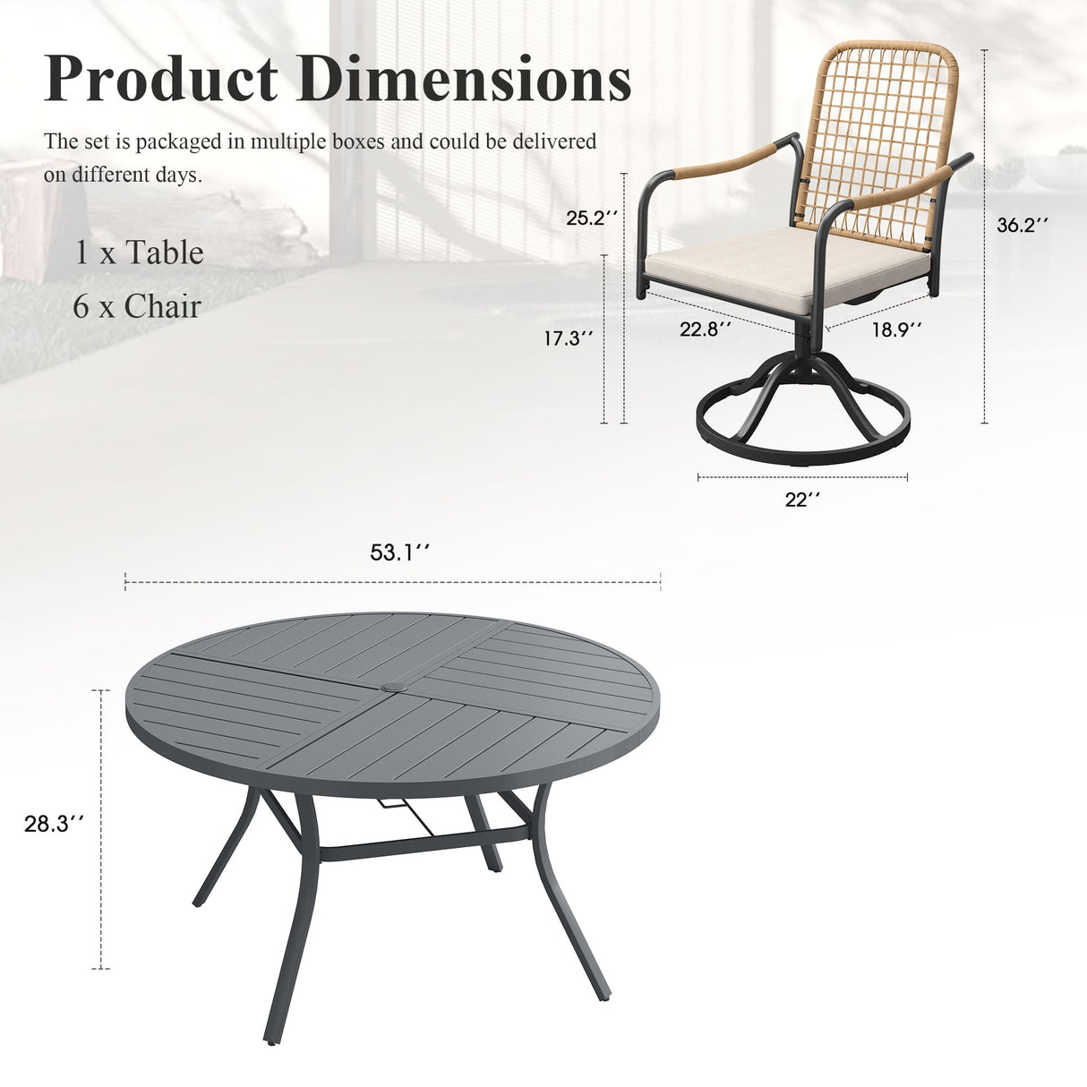 VICLLAX 7-Piece Outdoor Dining Set, 53” Round Metal Table with Umbrella Hole & Solana Swivel Chair