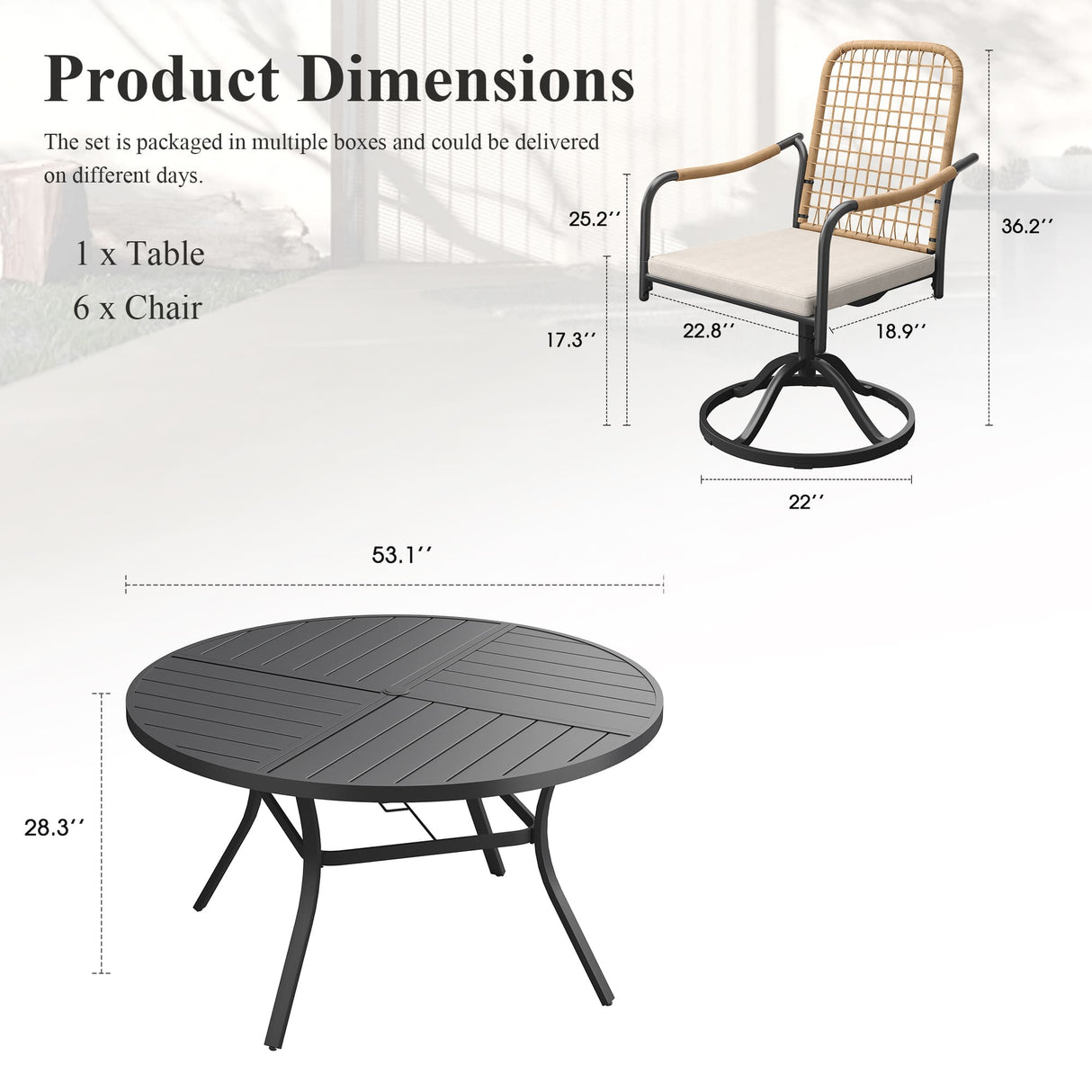 VICLLAX 7-Piece Outdoor Dining Set, 53” Round Metal Table with Umbrella Hole & Solana Swivel Chair