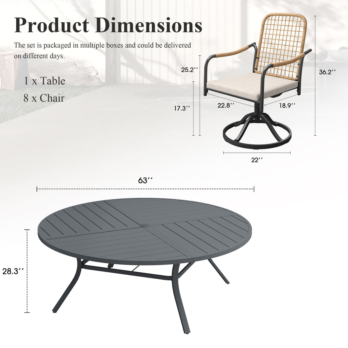 Vicllax 9-Piece Outdoor Dining Set, 63” Round Metal Table with Umbrella Hole & Solana Swivel Chair
