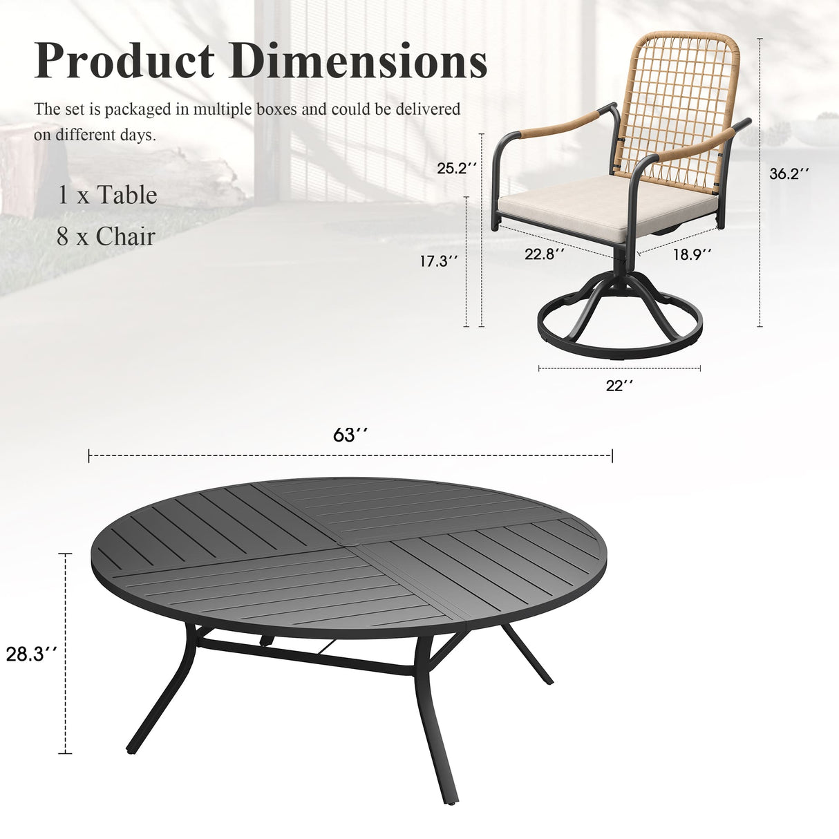 Vicllax 9-Piece Outdoor Dining Set, 63” Round Metal Table with Umbrella Hole & Solana Swivel Chair