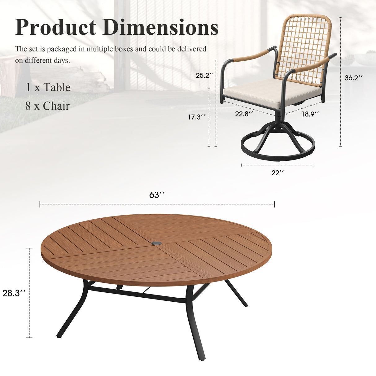 Vicllax 9-Piece Outdoor Dining Set, 63” Round Metal Table with Umbrella Hole & Solana Swivel Chair