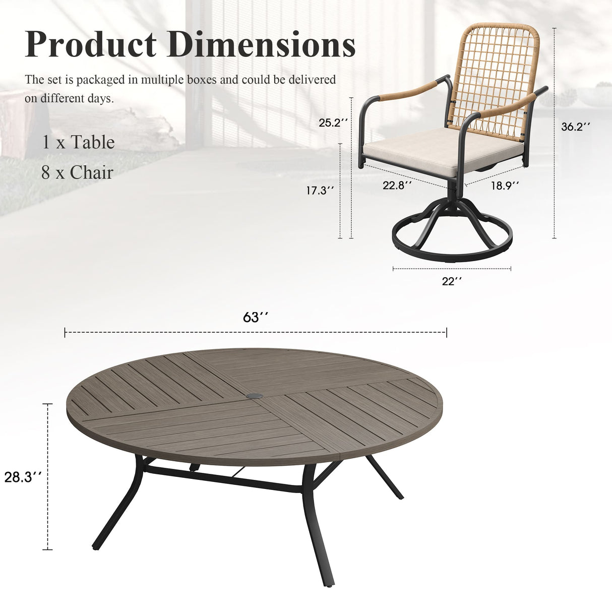 Vicllax 9-Piece Outdoor Dining Set, 63” Round Metal Table with Umbrella Hole & Solana Swivel Chair