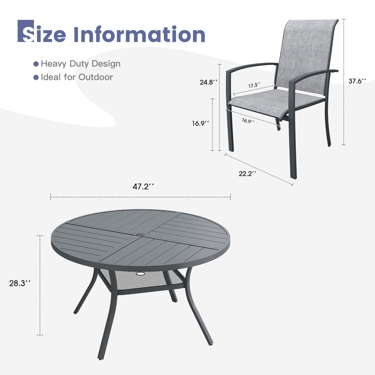 Vicllax 7 PCS Patio Dining Table Set, 47" Round Metal Table with Shelf and Skyline Stackable Chair