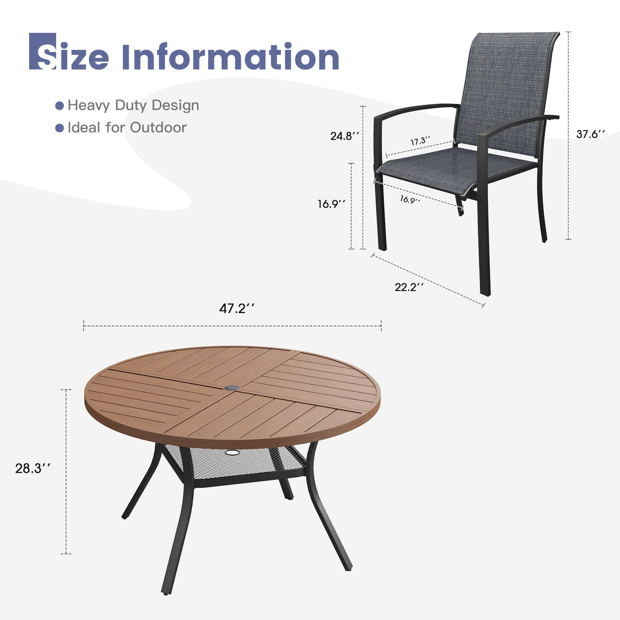 Vicllax 7 PCS Patio Dining Table Set, 47" Round Metal Table with Shelf and Skyline Stackable Chair