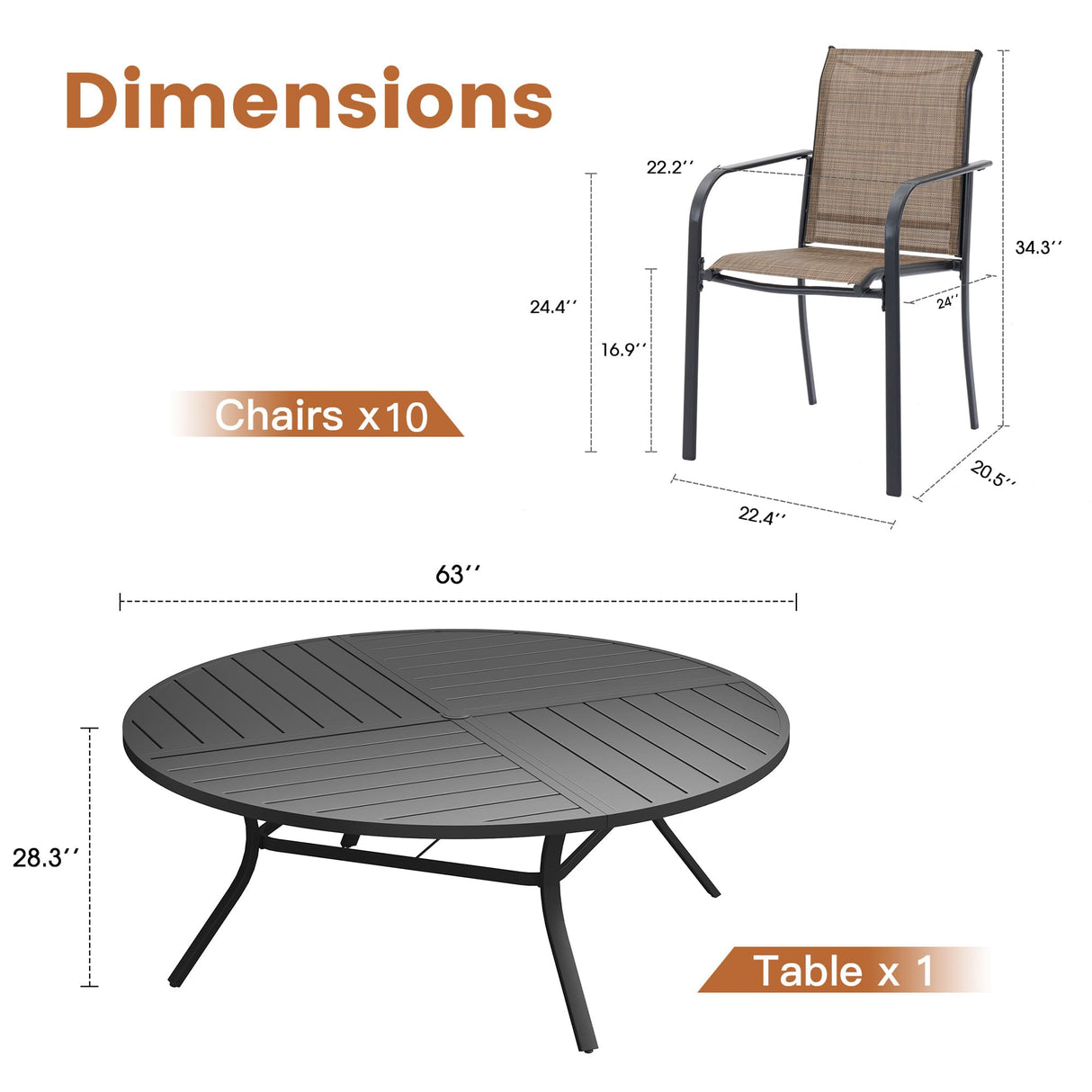 VICLLAX 11-Pcs Outdoor Dining Set, 63” Round Metal Table with Umbrella Hole & 10 Stackable Chairs
