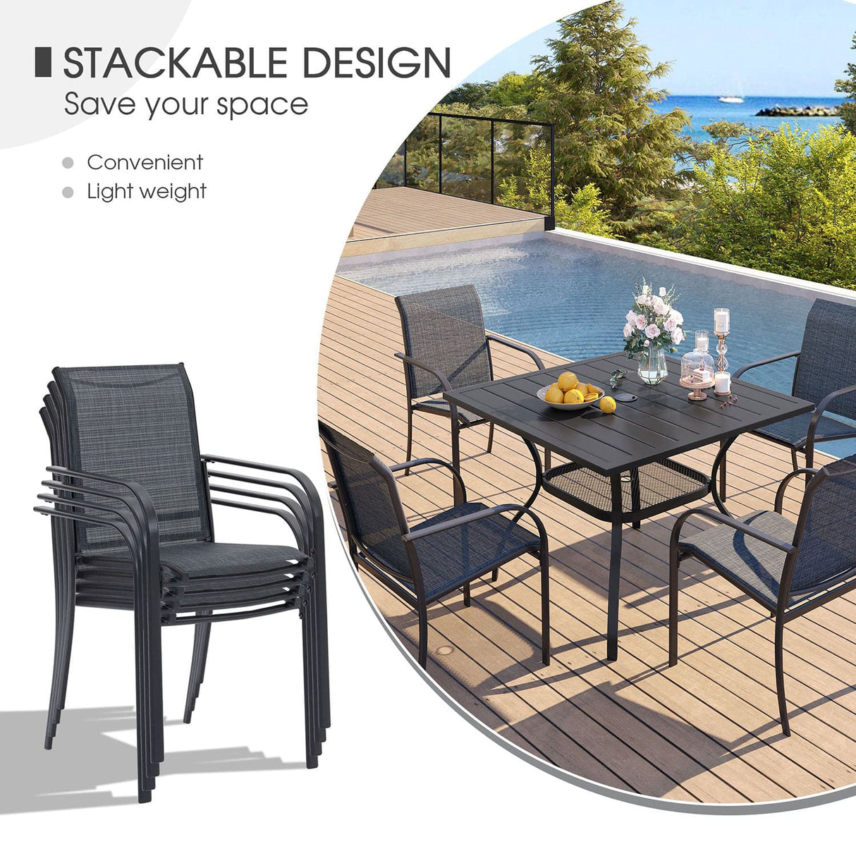 Vicllax 5 Pieces Outdoor Dining Set, 37.8" Square Metal Table and Stackable Sling Chairs