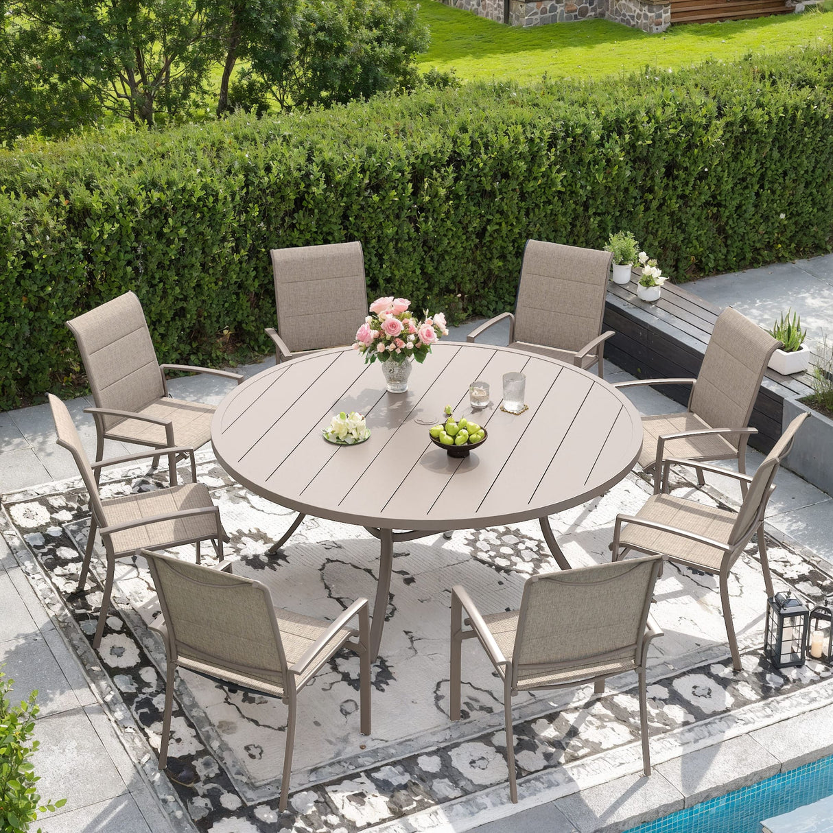 Vicllax 9/11 Pcs Outdoor Dining Set, 53"/ 60" Round Metal Table and Stackable Padded Chair