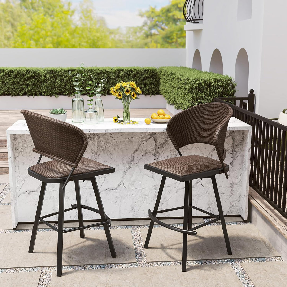 Vicllax Outdoor Swivel Wicker Padded Bar Chairs - 360-Degree