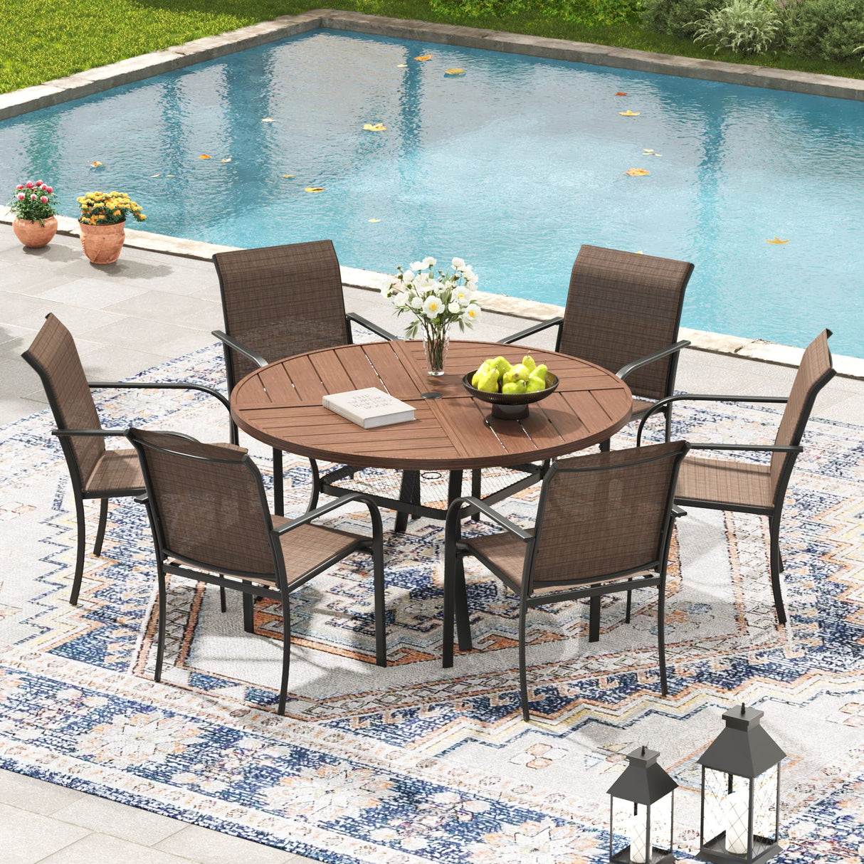 VICLLAX 5/7 PCS Patio Dining Table Set, Round Metal Table with Shelf and Stackable Sling Chair