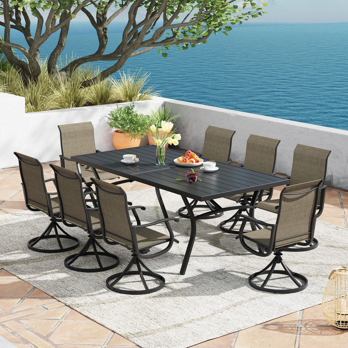 Vicllax 7/9 Pieces Outdoor Dining Set with Black Metal Rectangular Table and Textilene Swivel Chair