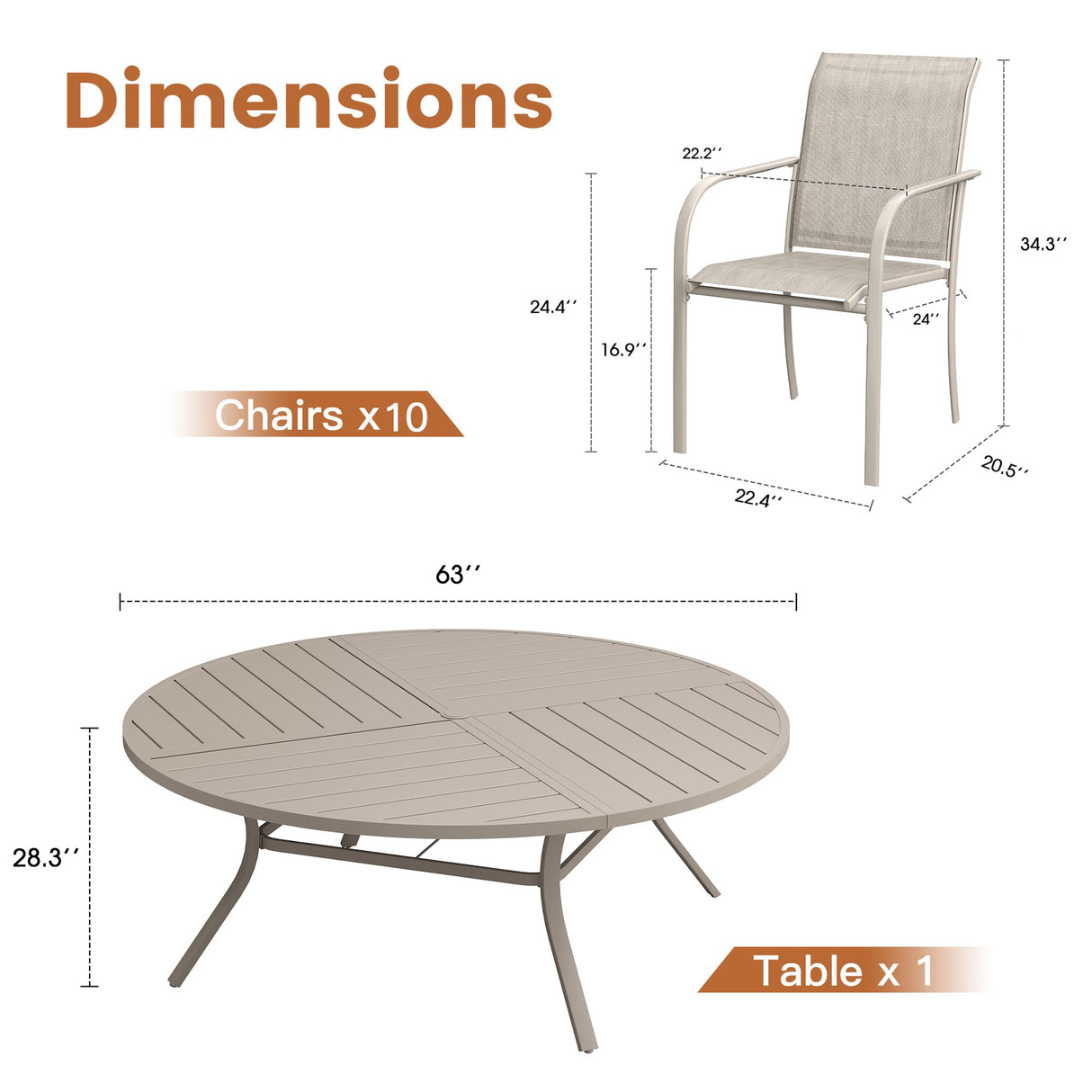 VICLLAX 11-Pcs Outdoor Dining Set, 63” Round Metal Table with Umbrella Hole & 10 Stackable Chairs