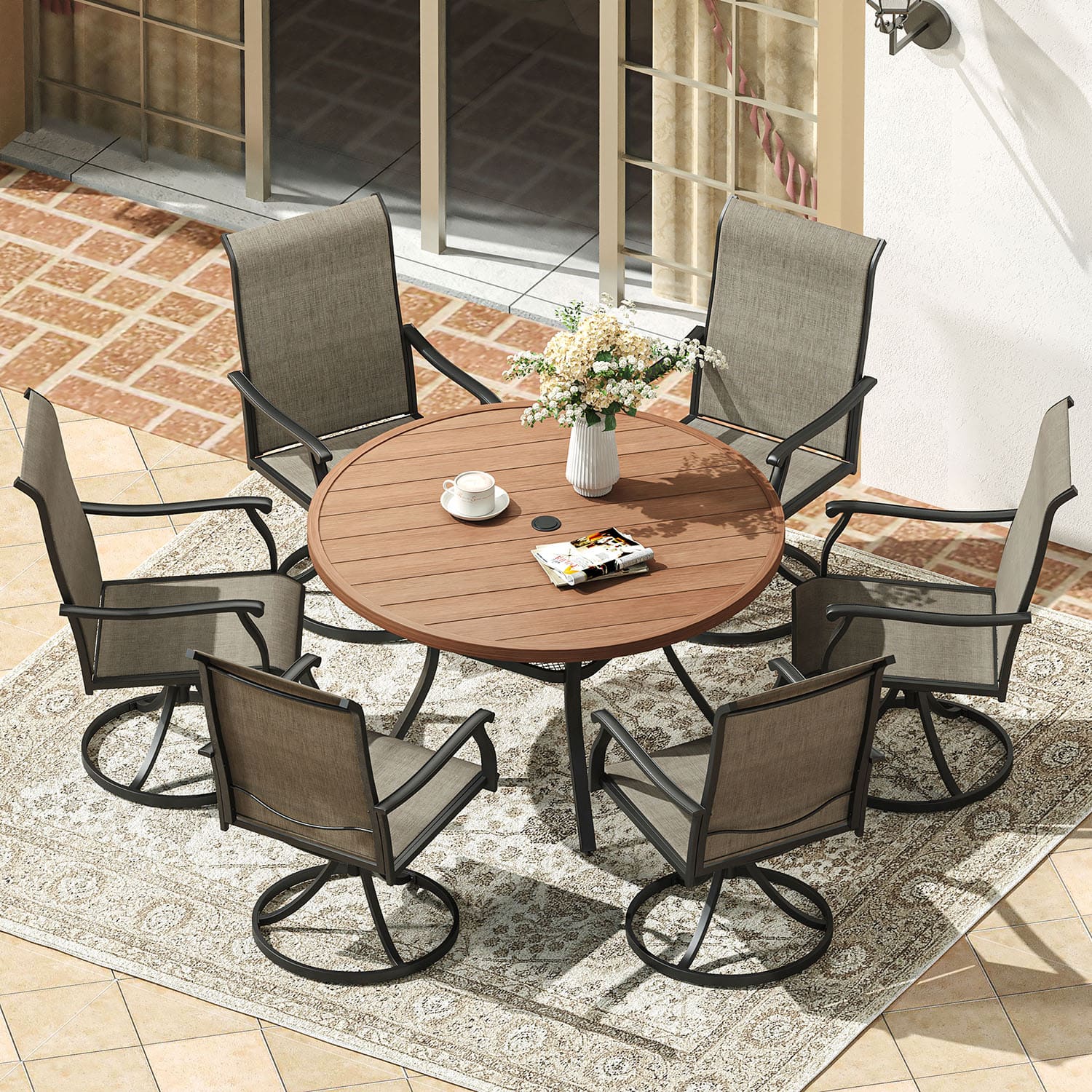 Vicllax 7 Pieces Outdoor Dining Set with 48" Round Dining Table and Swivel Chairs