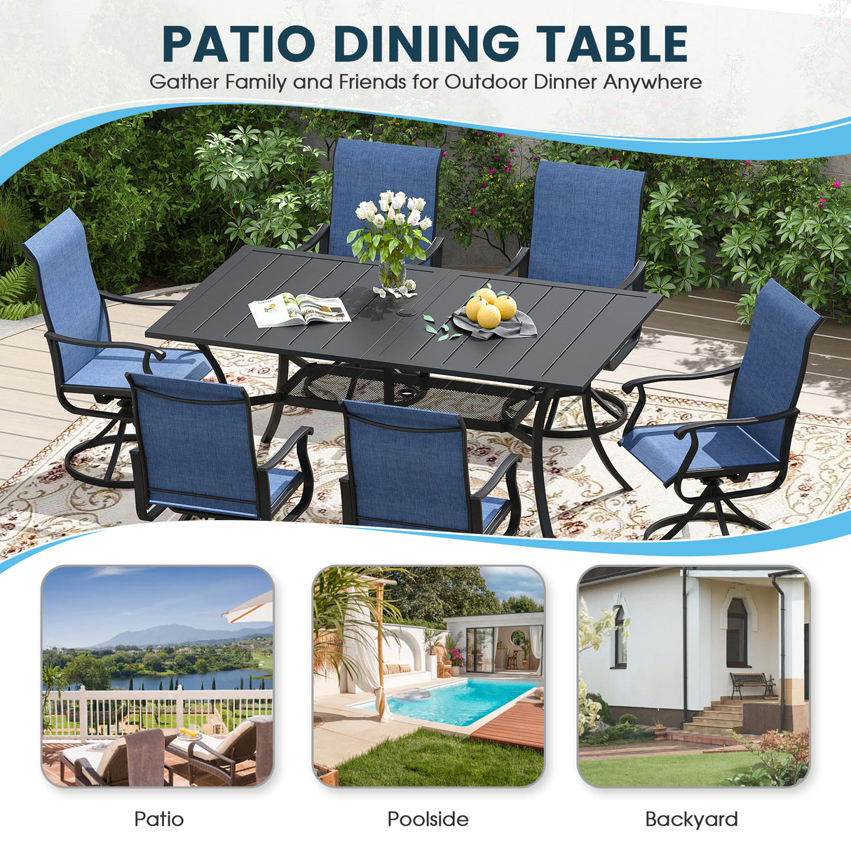 Vicllax Outdoor Dining Table for 6, Patio Metal Curved Steel Slat Table with Umbrella Hole