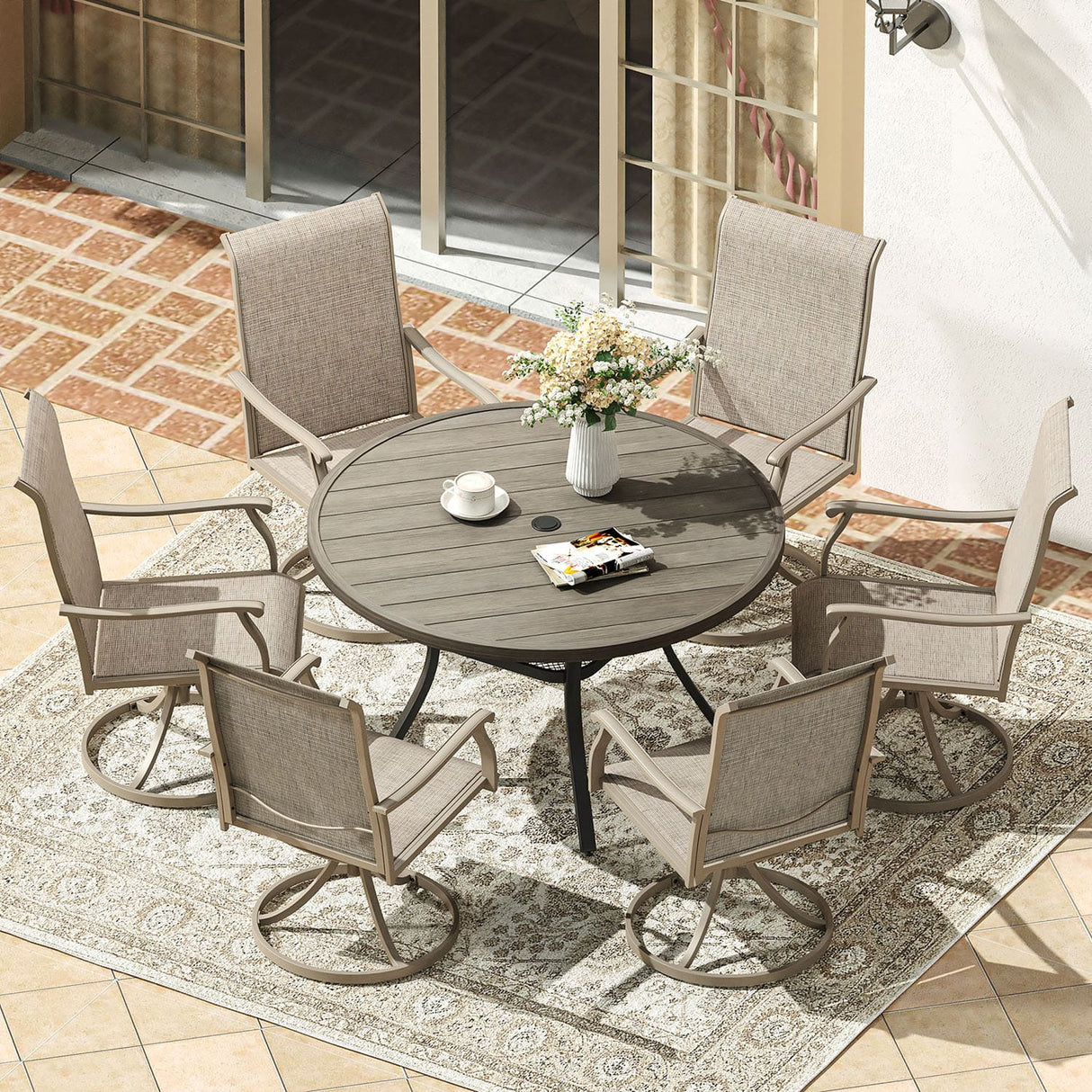 Vicllax 7 Pieces Outdoor Dining Set with 48" Round Dining Table and Swivel Chairs