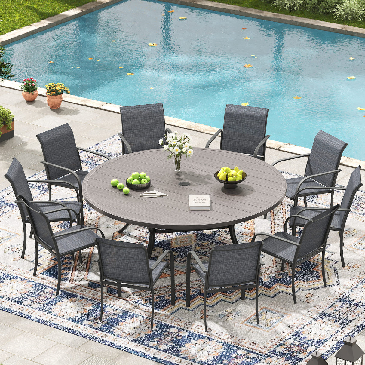 VICLLAX 11-Pcs Outdoor Dining Set, 63” Round Metal Table with Umbrella Hole & 10 Stackable Chairs