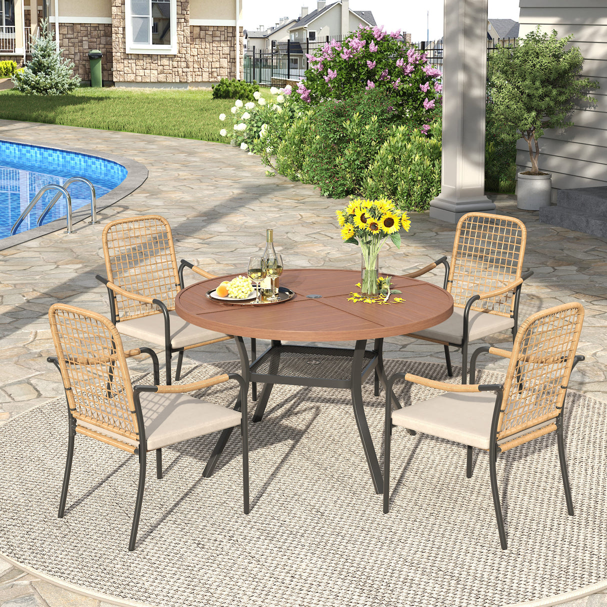 Vicllax 5 PCS Patio Dining Table Set, 41" Round Metal Table with Shelf and Solana Stackable Chair