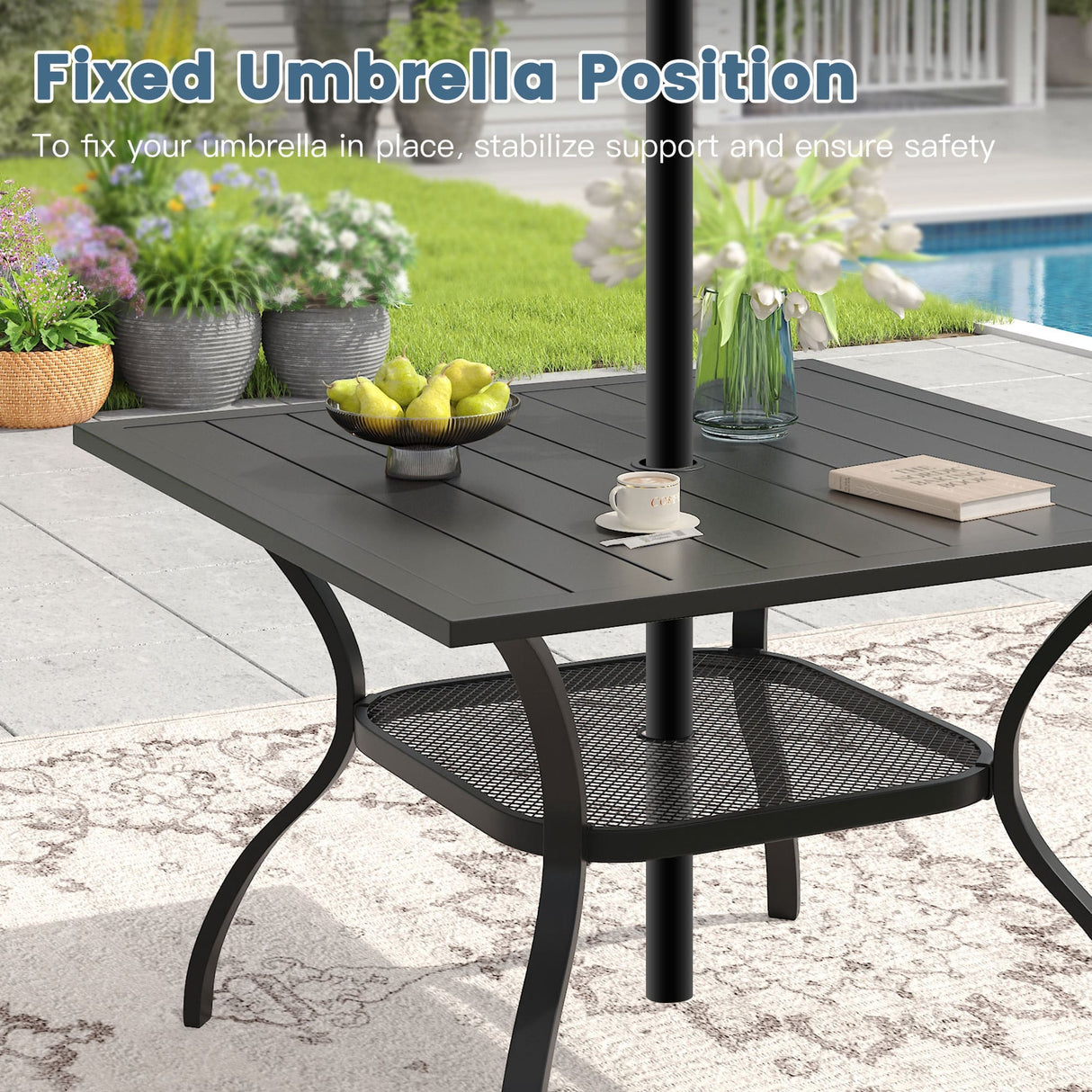 Vicllax 5 Pcs Outdoor Dining Set, Square Metal Table with Storage Shelf and 4 Swivel Chairs