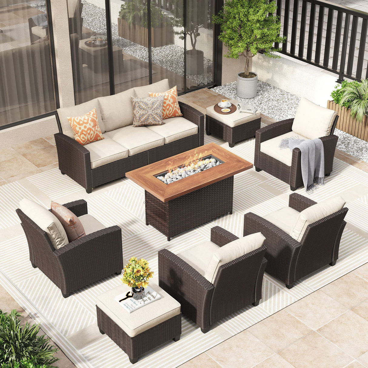 Vicllax Patio Sofa Set, Wicker Outdoor Conversation Set with Cushioned Sofa Chairs with Wicker Fire Pit, Stable Chair