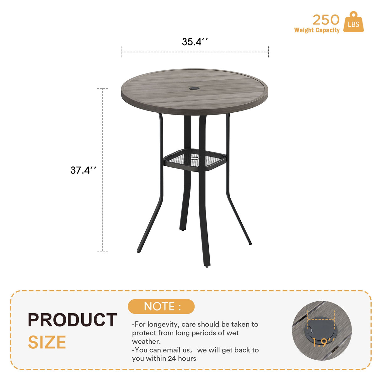 Vicllax Mesa de bar redonda para patio al aire libre de 37" con orificio para sombrilla