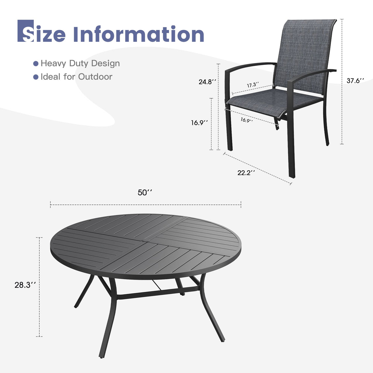 Vicllax 7 PCS Patio Dining Table Set, 50" Round Metal Table with Shelf and Skyline Stackable Chair