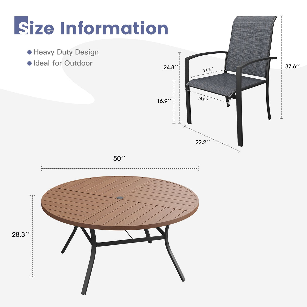 Vicllax 7 PCS Patio Dining Table Set, 50" Round Metal Table with Shelf and Skyline Stackable Chair