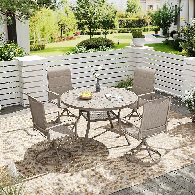 Vicllax 5 Pieces Outdoor Dining Set, 40.6" Metal Round Dining Table and Paddad Swivel Chairs