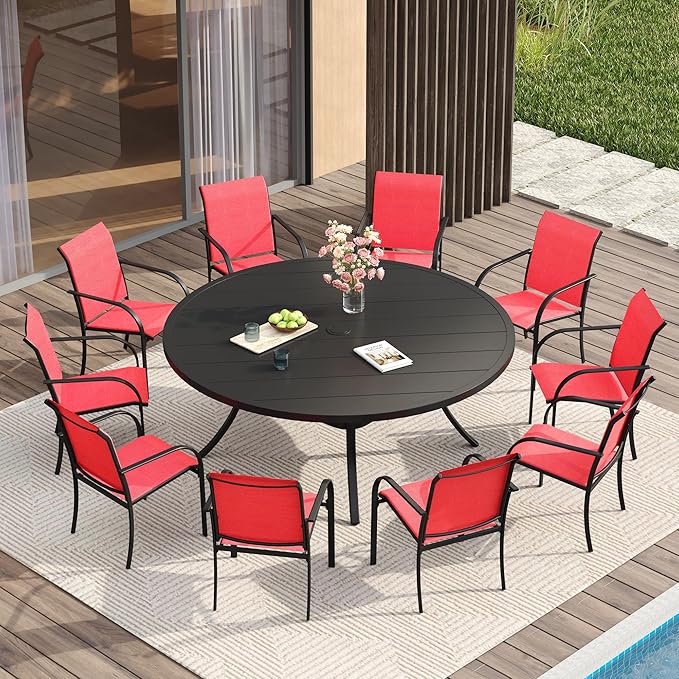 Vicllax 11 Pcs Outdoor Dining Set with 60“ Round Metal Table and Stackable Sling Chair