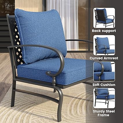 Vicllax Outdoor Patio Conversation Sofa Set with Cushioned Sofa Chairs and Metal Rectangular Fire Pit, Blue