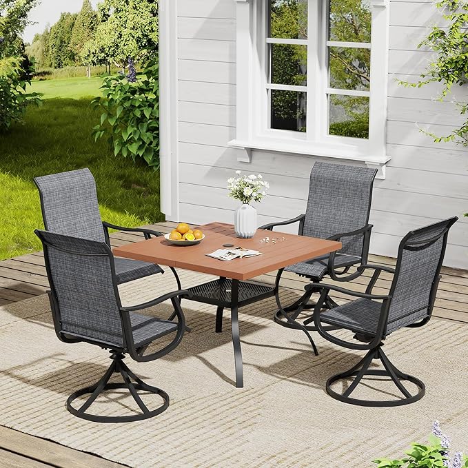 Vicllax Outdoor 38.6“ Plastic Dining Table Set of 4, Plastic Square Table with Swivel Dining Chairs