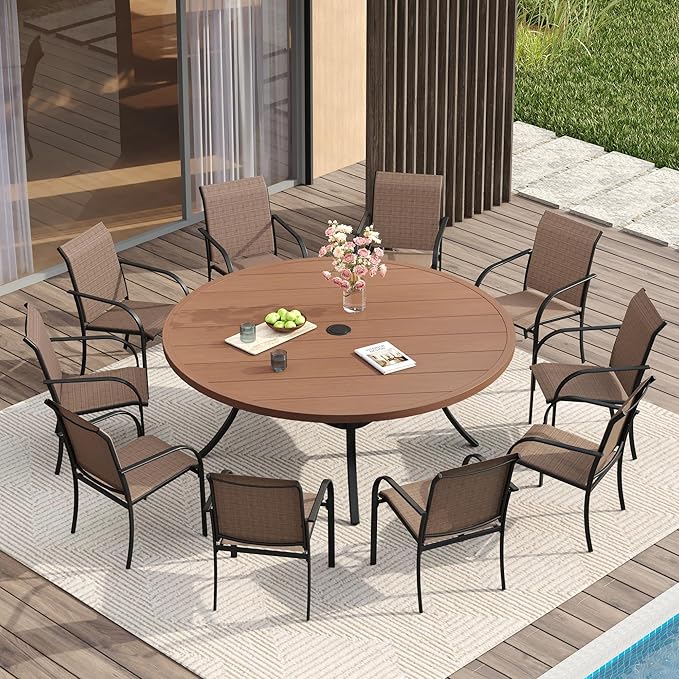 Vicllax 11 Pcs Outdoor Dining Set with 60“ Round Metal Table and Stackable Sling Chair