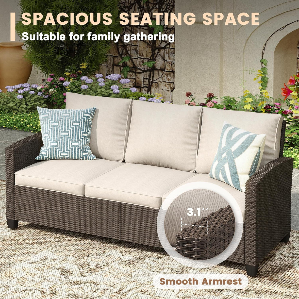 Vicllax Patio Furniture Set, Wicker Outdoor Conversation Set with Cushioned Sofa Chairs Fire Pit Table and Ottomans