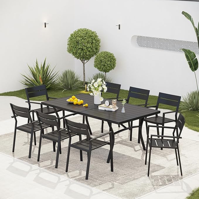 VICLLAX Patio 9 Pieces Outdoor Dining Set for 8, 70.9" Rectangular Metal Dining Table and 8 Stackable Chairs for Lawn
