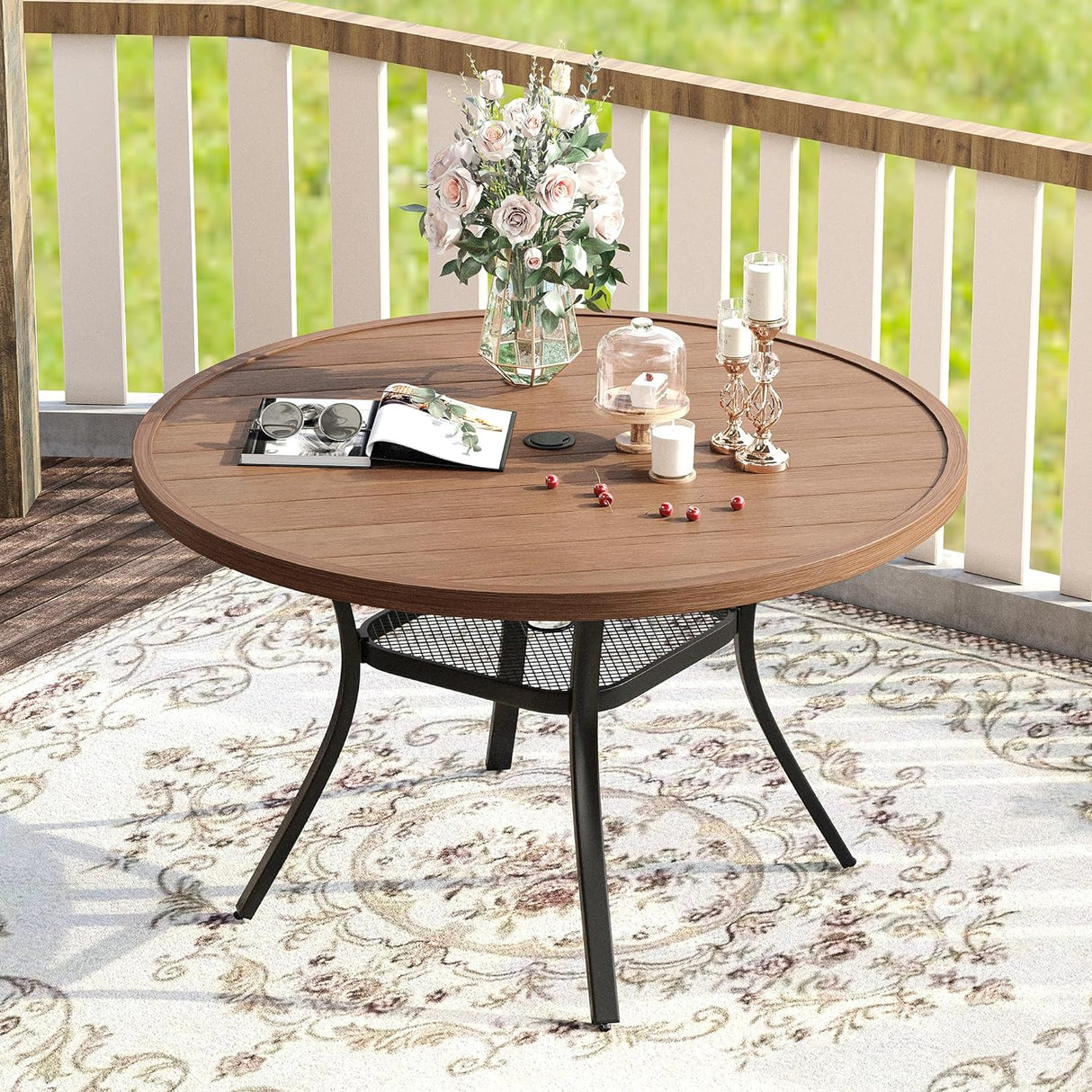 Vicllax Outdoor Round Metal Dining Table with Umbrella Hole for 4, 6