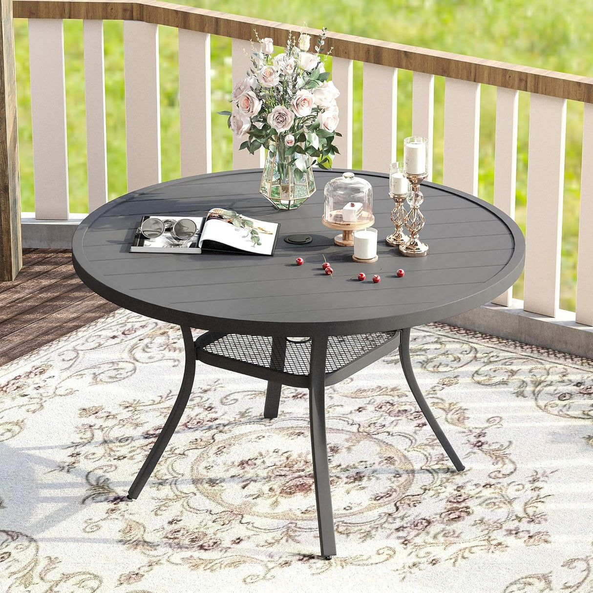 Vicllax Outdoor Round Metal Dining Table with Umbrella Hole for 4, 6