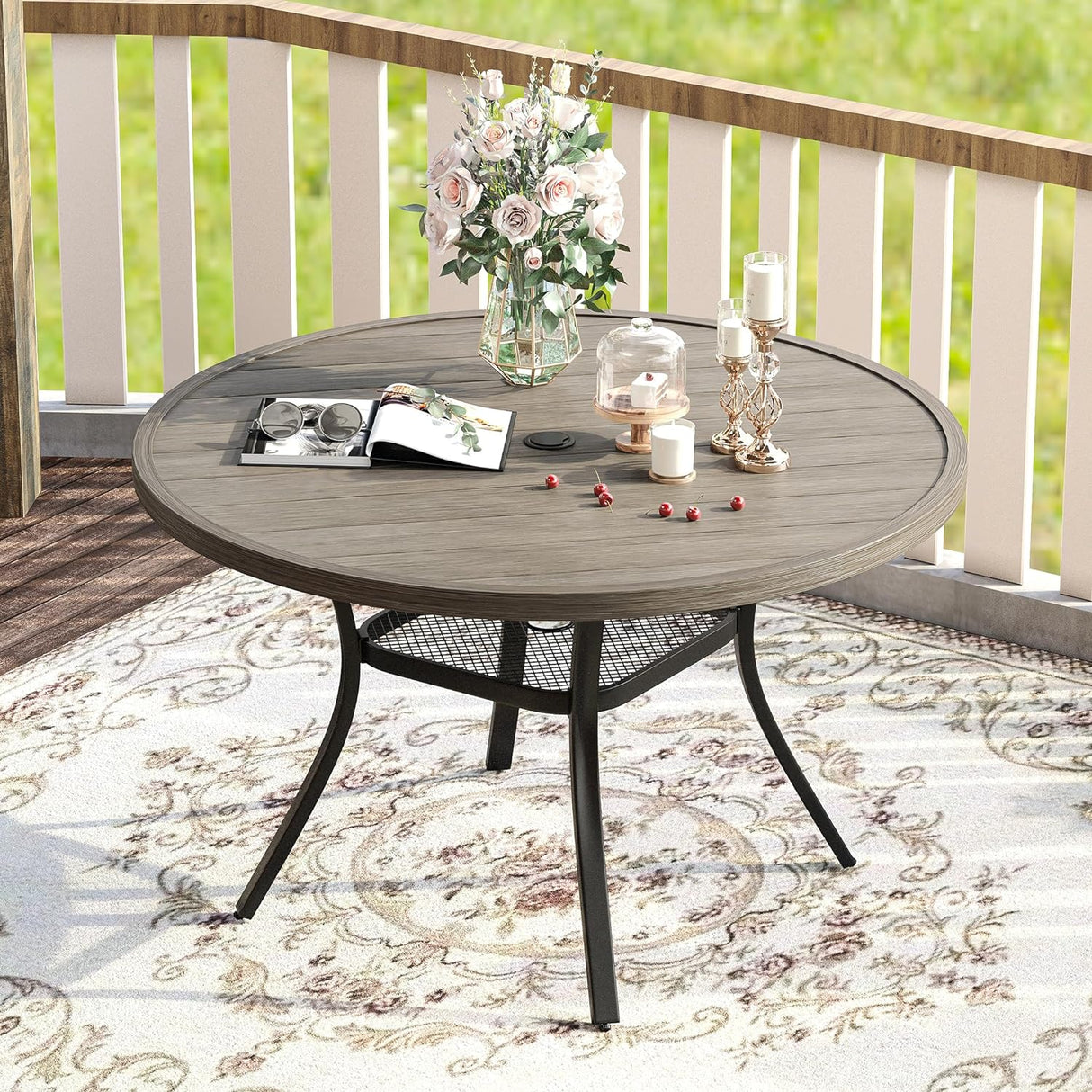Vicllax Outdoor Round Metal Dining Table with Umbrella Hole for 4, 6