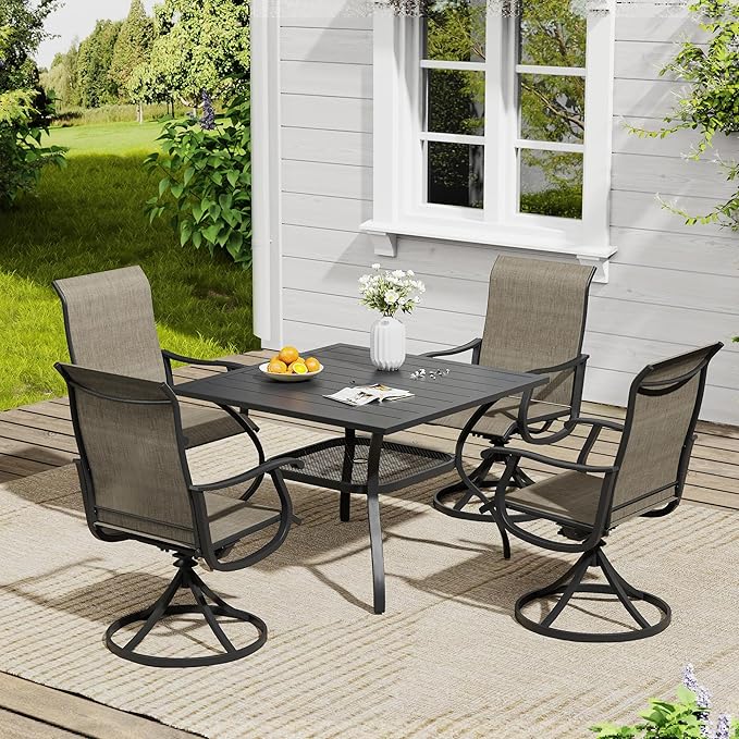 VICLLAX 5 Pieces Outdoor Dining Set, Swivel Dining Chairs and 37.8" Square Patio Table with Storage Shelf