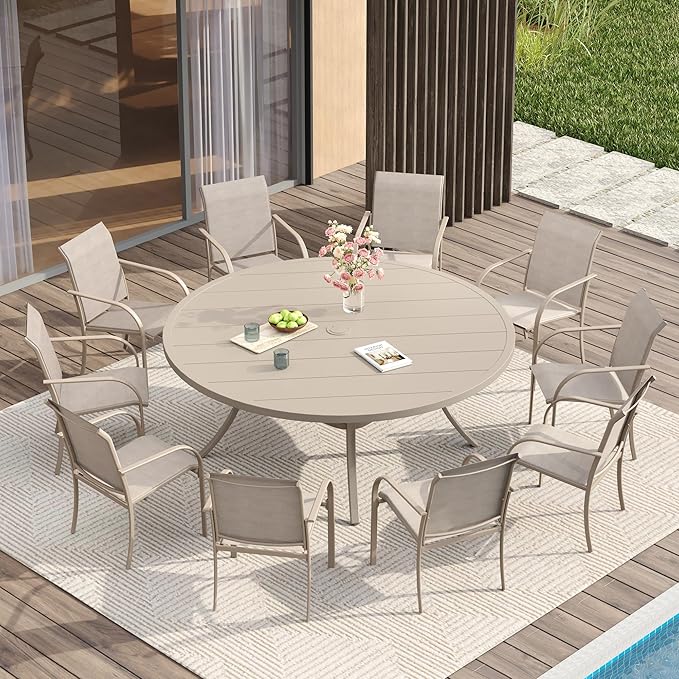 Vicllax 11 Pcs Outdoor Dining Set with 60“ Round Metal Table and Stackable Sling Chair