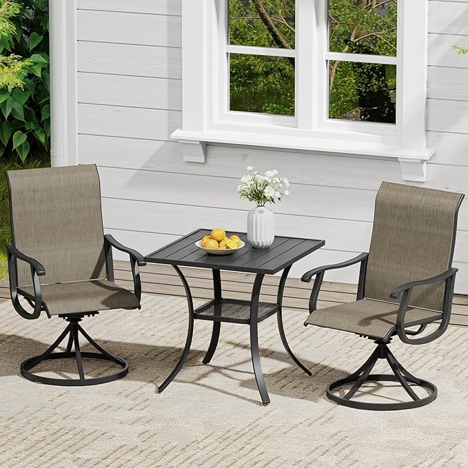 VICLLAX 3 Pieces Outdoor Dining Set, Set of 2 Patio Swivel Dining Chairs and 28" Square Table