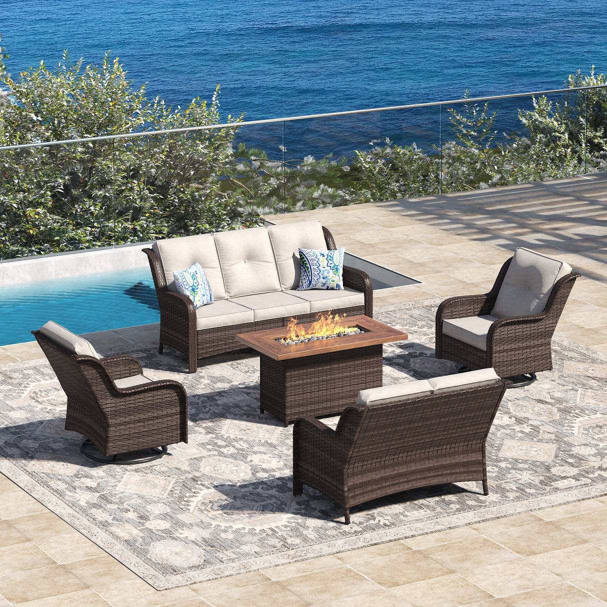 Vicllax Patio Wicker Oasis Lounge Set, 5 Seater with Fire table & Loveseat