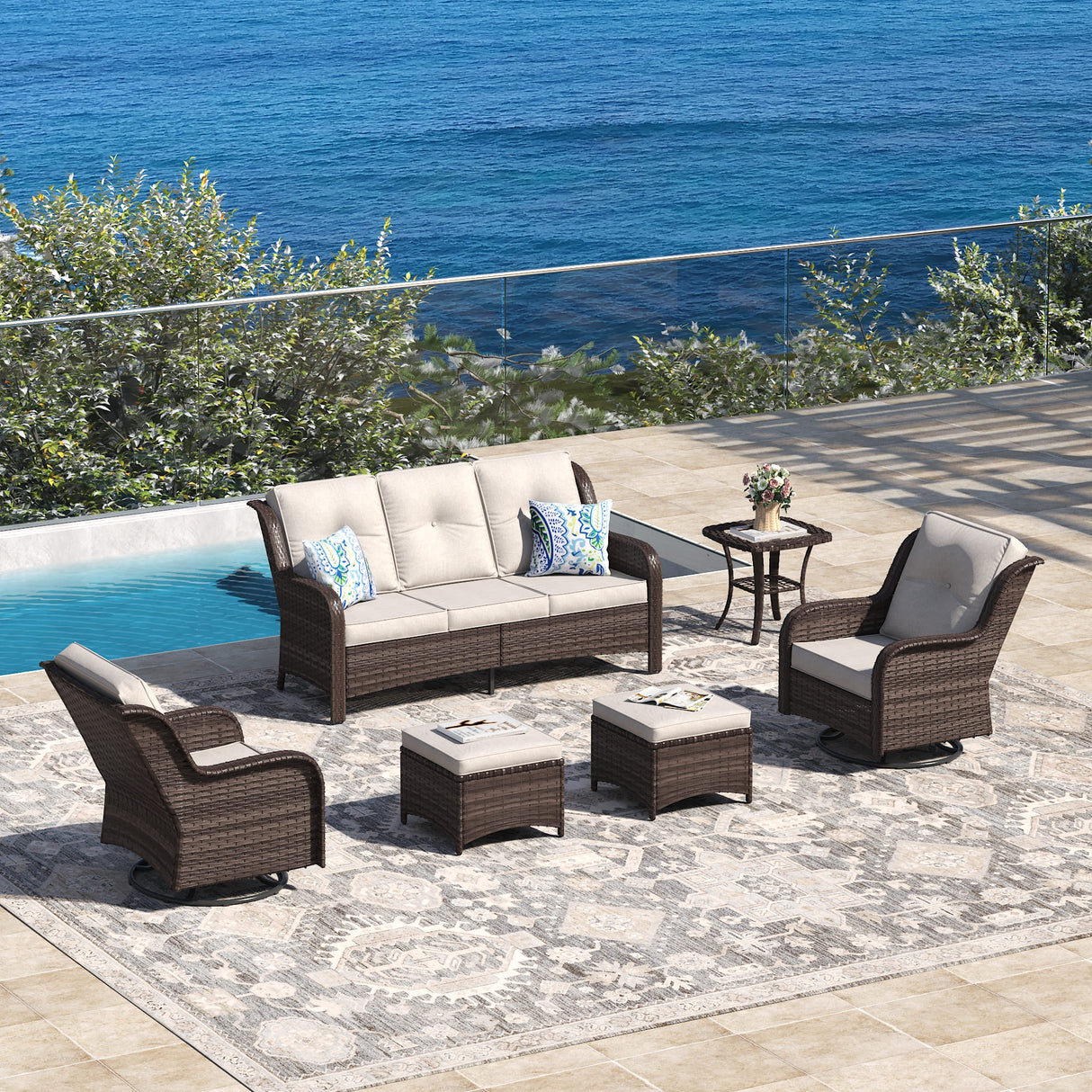 Vicllax 4 Pieces Patio Wicker Oasis Lounge Set, 3-Seater with Ottoman
